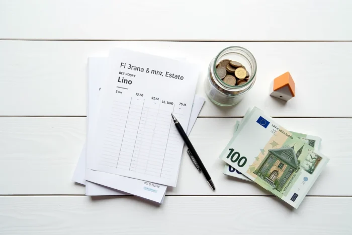 Vue aérienne d'un pot de pièces euros, d'une brochure immobilière et d'un billet de 100 euros pour illustrer un petit investissement immobilier