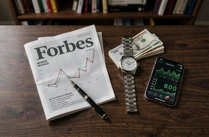 Flat lay éditorial représentant la fortune de GMK avec montre de luxe, billets et graphiques de revenus musicaux