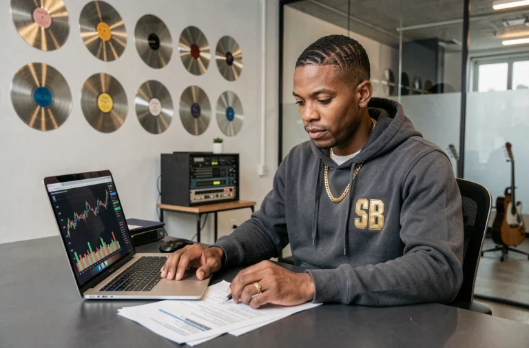 Producteur de musique GMK examinant des documents financiers dans un studio moderne avec disques de platine au mur