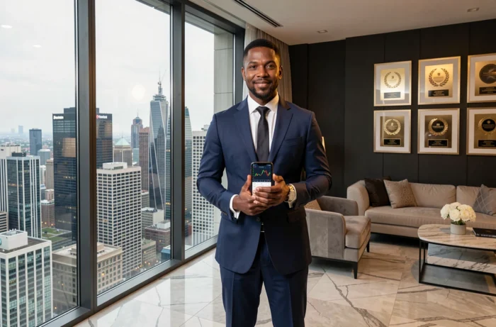 Homme d'affaires de la musique en costume devant une vue panoramique de ville illustrant la richesse de GMK en 2026