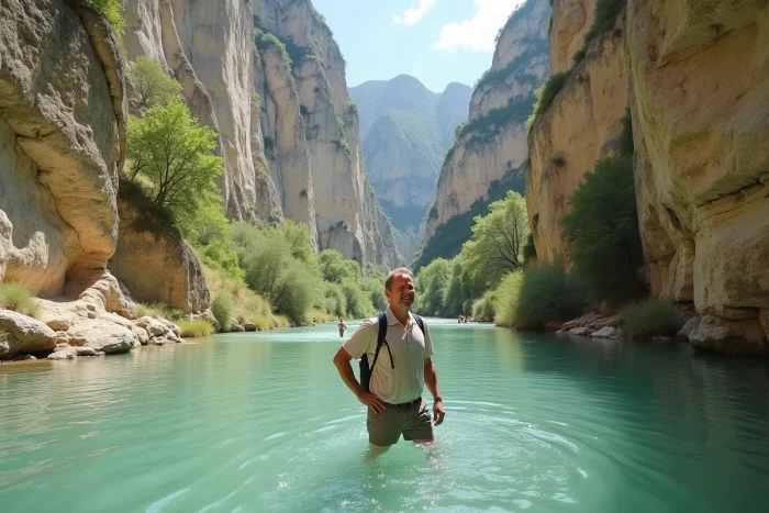Gorges du Gardon au secteur de Collias avec rivière jade transparente entre falaises calcaires et végétation méditerranéenne