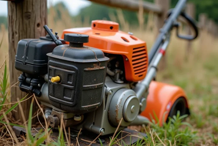 Gros plan sur le moteur et la poignée d'une débroussailleuse thermique professionnelle appuyée contre une clôture en bois