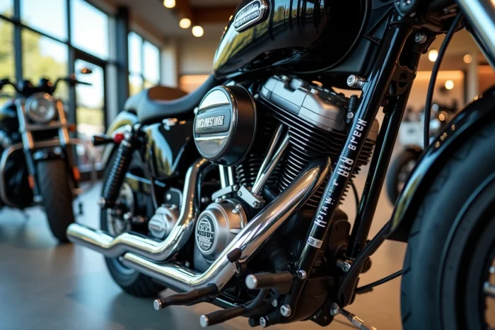 Gros plan détaillé du moteur Milwaukee-Eight d'une Harley-Davidson exposée dans une concession