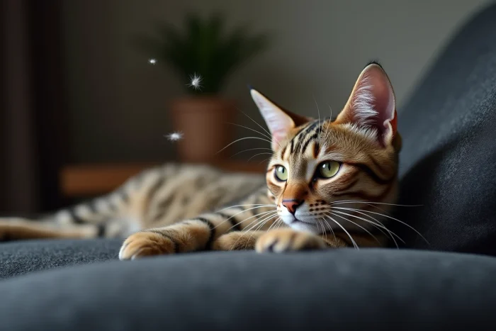 Gros plan macro sur les poils d'un chat tabby montrant des poils fins flottant dans l'air, illustrant les allergènes respiratoires félins
