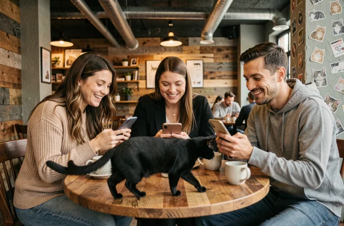Groupe de passionnés de chats réunis dans un café autour de contenus félines sur leurs appareils mobiles avec un chat noir sur la table
