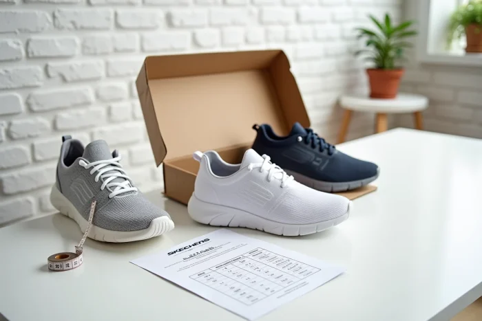 Guide de taille Skechers avec chaussures et mètre ruban pour choisir la bonne pointure