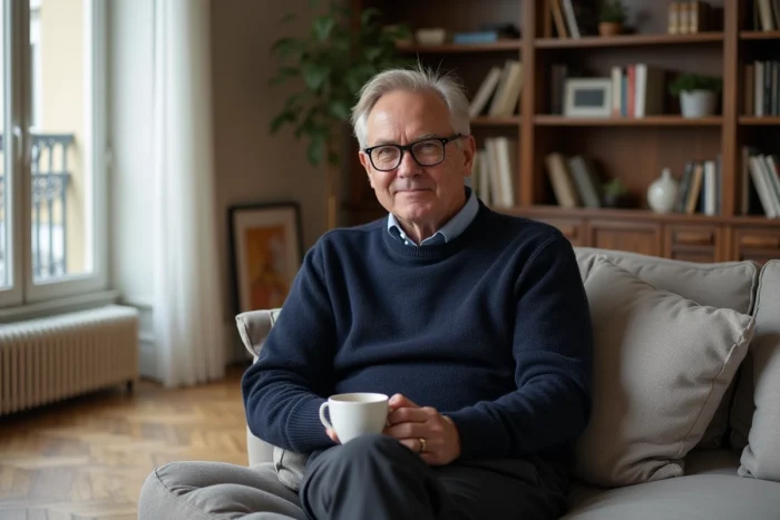 Homme mature en pull marine assis dans un appartement parisien contemporain tenant une tasse de café, atmosphère intime et authentique de vie privée