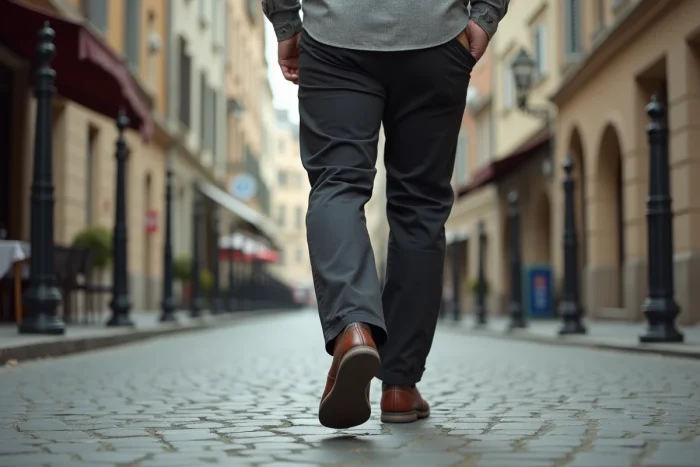 Homme d'âge mûr marchant sur des pavés européens avec des chaussures de confort Scholl en cuir brun