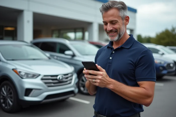 Homme comparant des véhicules sur une application mobile spécialisée dans un parking de concession automobile