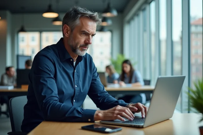 Homme contactant le service client Bouygues au 1064 depuis un bureau professionnel