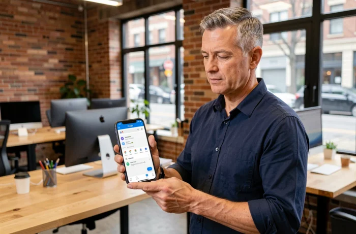 Homme en espace de coworking comparant Gmail et les services Google sur son smartphone, différence entre compte Gmail et compte Google