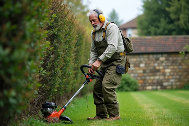 Homme utilisant une débroussailleuse thermique pour entretenir les bordures d'un jardin résidentiel envahi par la végétation