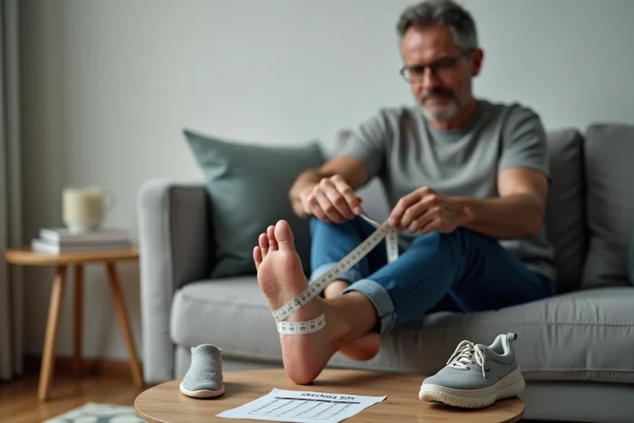 Homme mesurant son pied à la maison pour choisir la bonne pointure Skechers