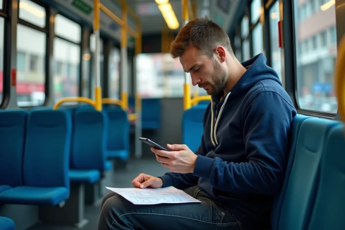 Homme assis dans un bus consultant et partageant son itinéraire de bus sur une application mobile Mappy