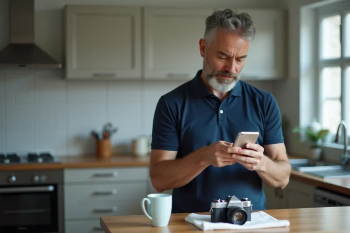 Homme prenant en photo un objet d'occasion pour publier une annonce en ligne depuis sa cuisine