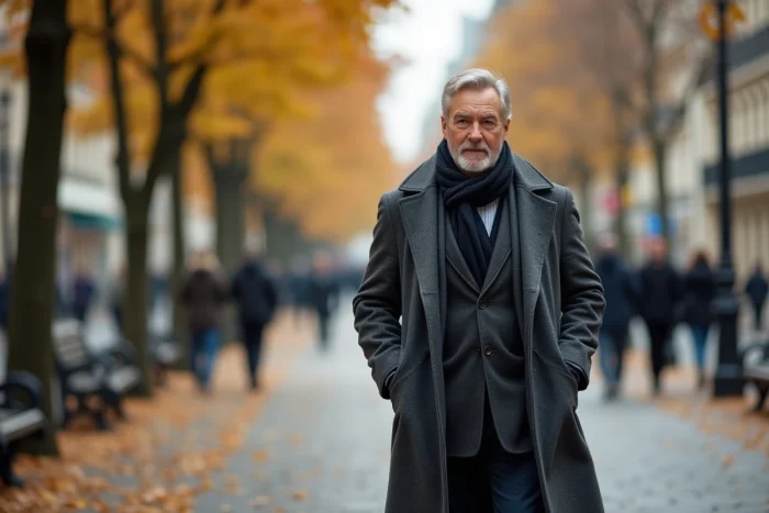 Homme distingué en manteau gris marchant sur un boulevard parisien automnal avec feuilles mortes et architecture haussmannienne en arrière-plan