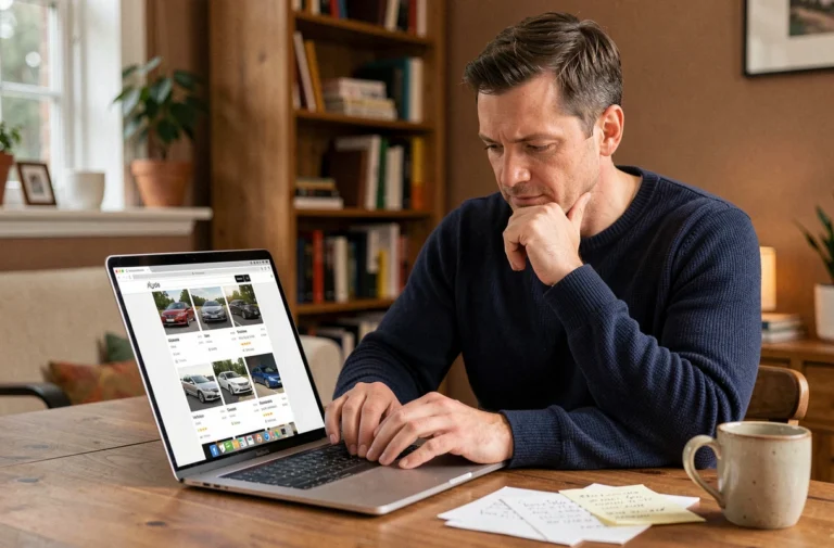 Homme consultant des annonces de voitures d'occasion sur un ordinateur portable dans un bureau à domicile