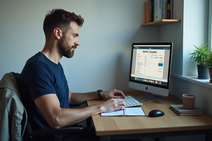 Homme seul utilisant un calculateur en ligne pour estimer le montant de son RSA sur un ordinateur portable