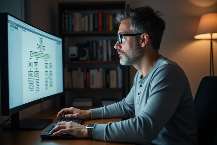 Homme naviguant sur un sitemap interactif affiché sur un grand écran dans un bureau à domicile minimaliste