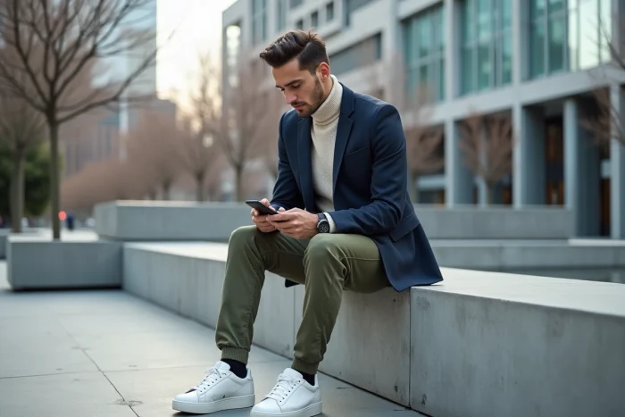 Homme en blazer marine et col roulé crème assis dans un espace urbain moderne, style mode masculine contemporaine