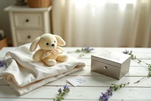 Table de cadeaux de baptême avec couverture en lin blanc, boîte souvenir gravée, lapin en peluche pastel et carte manuscrite sur bois blanc