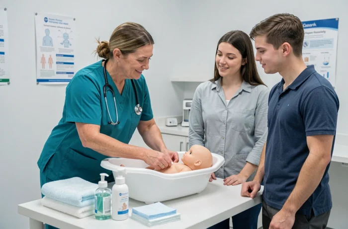 Infirmière pédiatrique expliquant la technique du bain de bébé à un jeune couple dans une salle de consultation médicale moderne