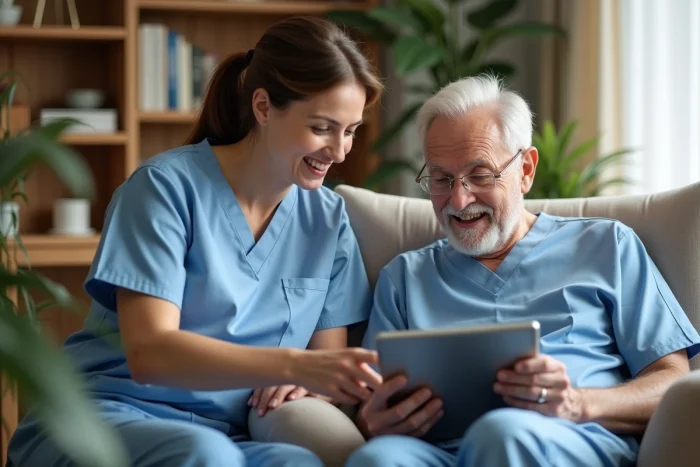 Infirmière à domicile aidant un patient âgé à consulter son suivi de soins sur une tablette numérique