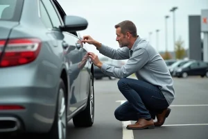 Un homme inspecte attentivement la carrosserie d'une voiture d'occasion dans un parking de concessionnaire
