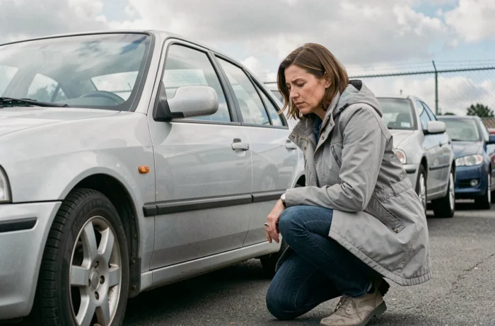Femme inspectant l'état extérieur d'une voiture d'occasion dans un parc automobile