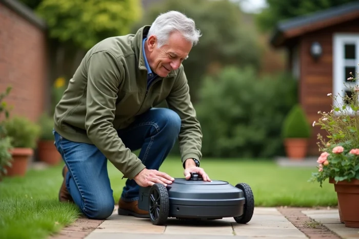 Homme installant un traceur GPS sous un robot tondeuse pour prévenir le vol au jardin