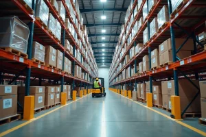 Intérieur d'un entrepôt logistique moderne avec rayonnages métalliques, palettes et cariste en action