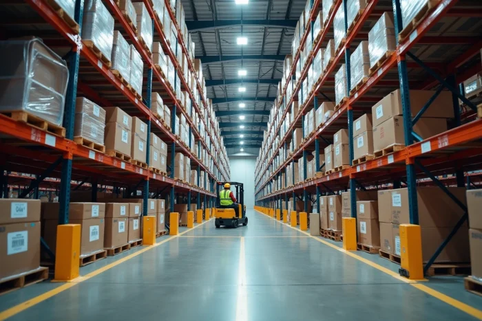 Intérieur d'un entrepôt logistique moderne avec rayonnages métalliques, palettes et cariste en action
