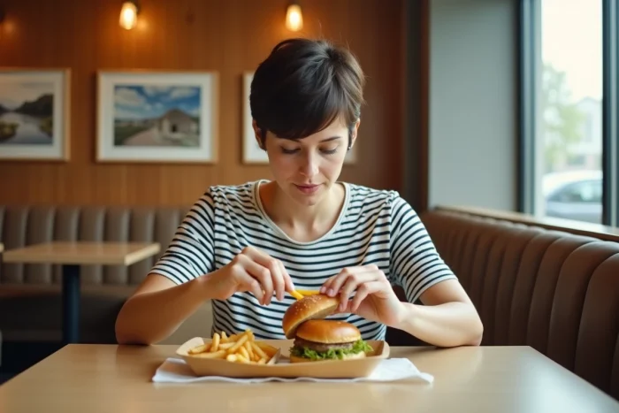 Femme savourant un repas McDonald's dans la salle moderne du restaurant de Villefranche-sur-Saône