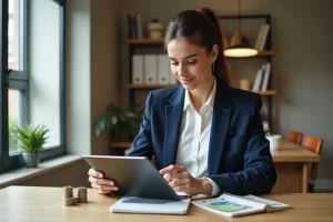 Femme investissant dans l'immobilier avec une petite somme d'argent sur une tablette dans un bureau à domicile