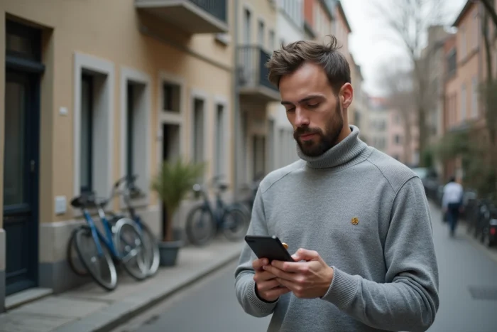 Homme consultant une plateforme d'investissement immobilier sur smartphone devant un immeuble résidentiel