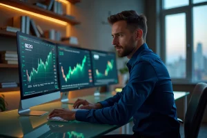 Investisseur analysant des graphiques blockchain et crypto sur plusieurs écrans dans un bureau moderne