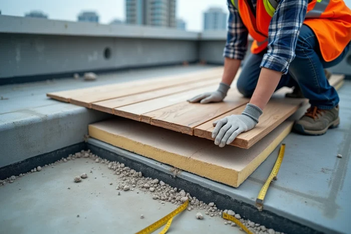 Pose de matériaux d'isolation acoustique sous le revêtement de sol d'une terrasse rooftop pour le confort des voisins