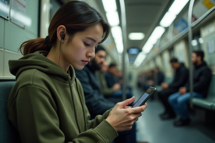 Jeune personne utilisant le chat du service client Bouygues dans les transports en commun