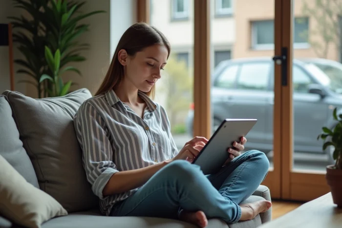 Jeune femme consultant des petites annonces en ligne sur une tablette dans son salon