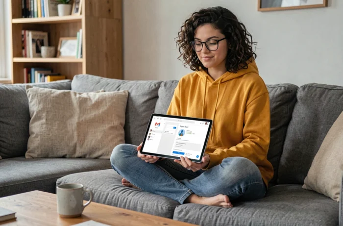 Jeune femme assise sur un canapé consultant simultanément la page Gmail et le profil Google sur une tablette pour comprendre leurs différences