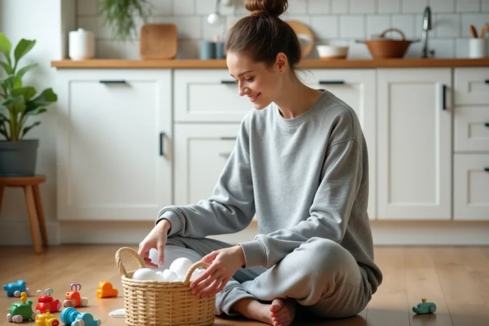 Jeune maman assise sur le sol de sa cuisine en train d'organiser des affaires de bébé dans un panier en osier, ambiance scandinave chaleureuse