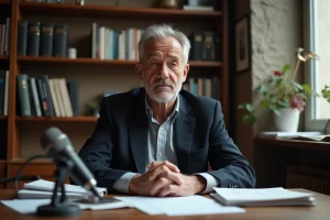 Journaliste homme d'âge mûr assis à un bureau de presse parisien avec microphone vintage et documents, expression pensive et regard introspectif