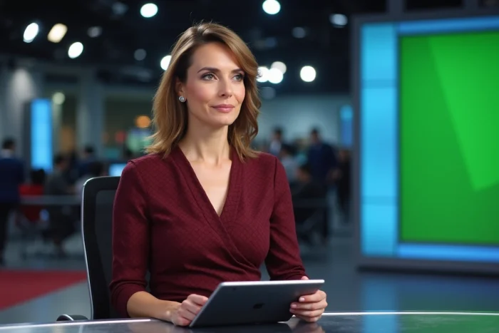 Journaliste présentatrice météo en robe bordeaux à motifs géométriques assise au bureau d'un studio de télévision français