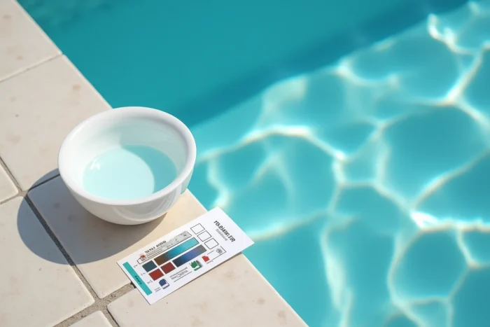 Kit de test de l'alcalinité totale TAC posé sur le bord carrelé d'une piscine avec eau de test et nuancier
