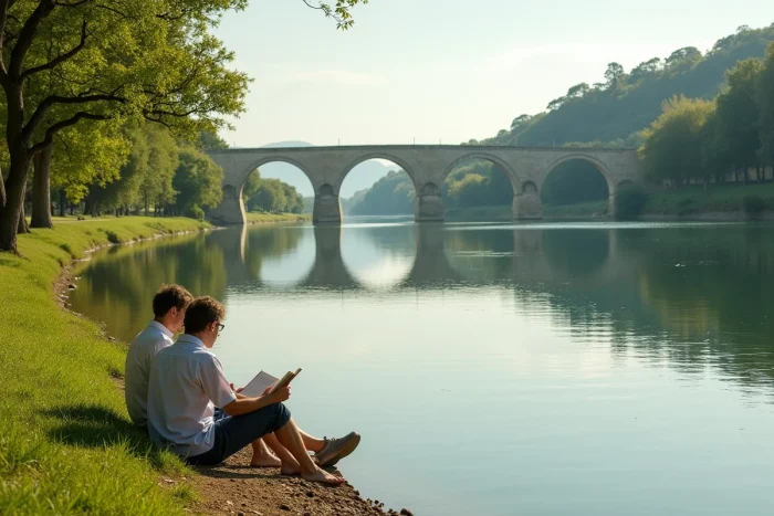 Berges verdoyantes du Vidourle au lac de Sommières avec pont romain en arrière-plan et couple se reposant au bord de l'eau