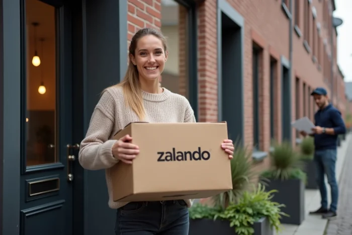 Jeune femme recevant un colis Zalando à domicile devant une maison de ville belge typique