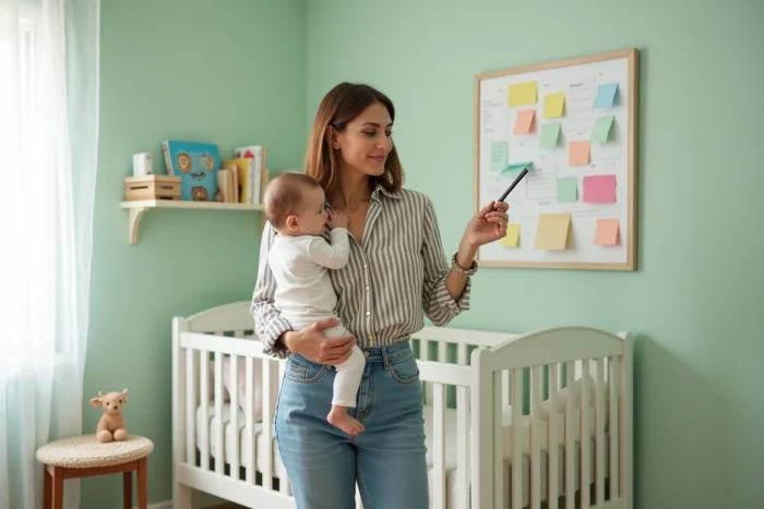 Jeune maman tenant son bébé dans une chambre d'enfant pastel, consultant un planning mural avec des notes adhésives pour s'organiser au quotidien