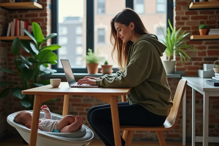 Jeune maman multitâche travaillant sur son ordinateur portable dans un appartement urbain pendant que son bébé dort dans un transat à ses côtés
