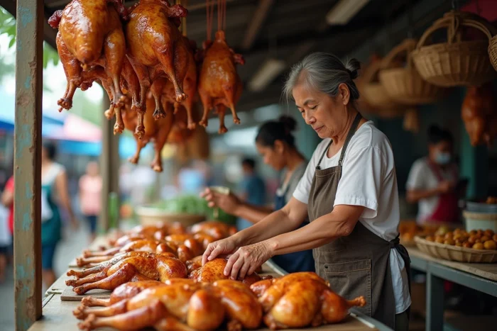 Vendeur de poulets rôtis sur un marché traditionnel en Asie du Sud-Est, illustrant la forte consommation de poulet dans cette région du monde