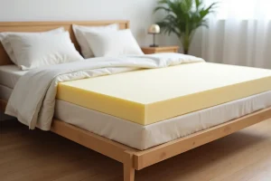 Matelas en latex naturel sur lit électrique articulé dans une chambre scandinave moderne avec literie en lin blanc